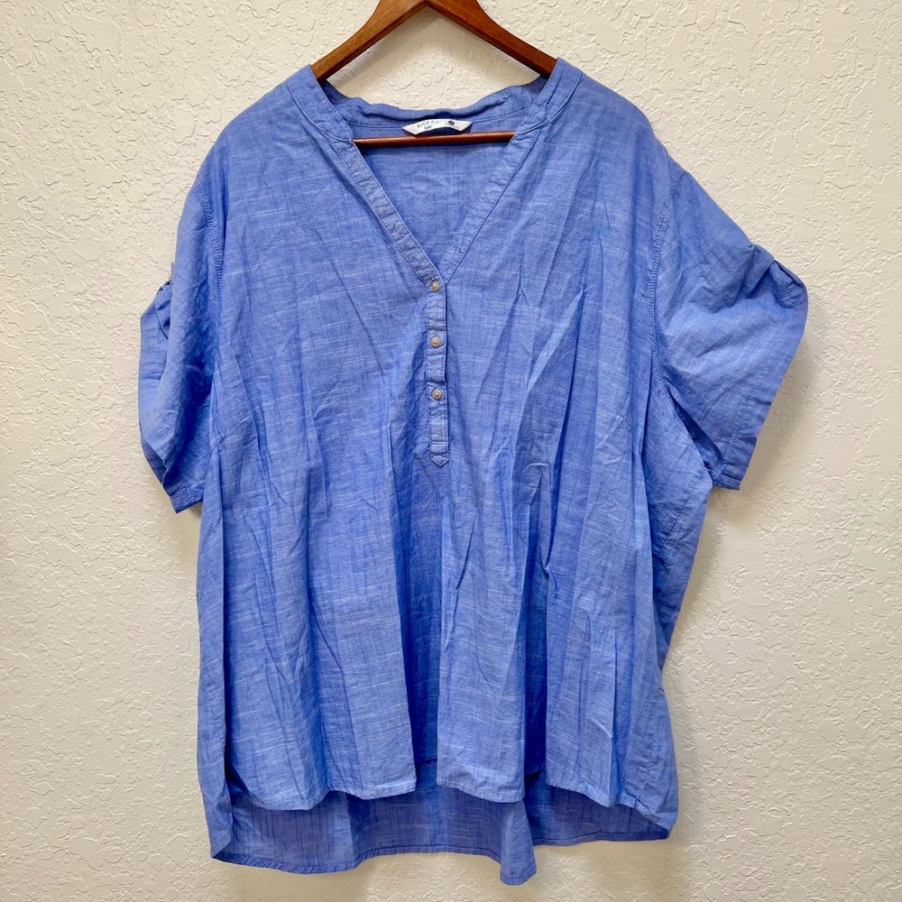 Riders by Lee Womens 3X Blue‎ Cotton Chambray Henley Roll Tab Sleeve Classic Top